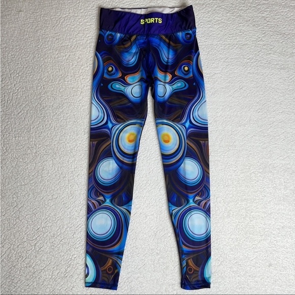 Sports Leggings Blue spiral Galaxy circles Size Small Med Gym Workout Space - Picture 3 of 11